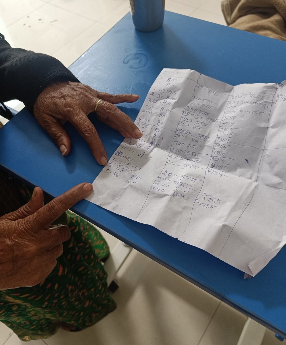 Needed a charting of a geriatric patient's urine output. Wondered if his wife would be able to do it. Started rounds with her comprehensive chart. And yet again, I was reminded, it's never a good idea to challenge age :)

#HandsInPsychiatry #StoriesInPsych #mentalhealth #Psych