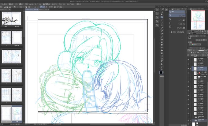 DL新作進捗。
三色フェラ。
下描き線の色をキャラごとに分けてペン入れ時にどれがどのキャラのどの線か混乱するのを防止します。 