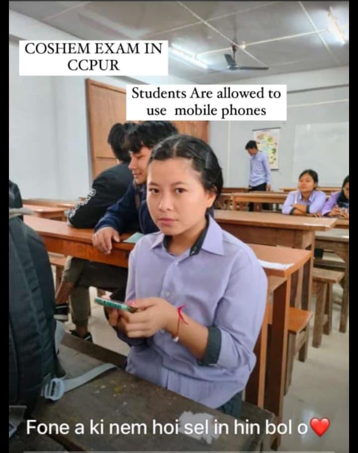 Eramdampaodam's tweet image. Her name is Amy Guite, a student of Moreh College. The photo above shows her replacing someone and taking an examination in CCPur. Students are frisked 3-4 times in Imphal, but in CCPur, everything is okay, even when a college student is giving the COSHEM exam. 
@IndiaTodayNE