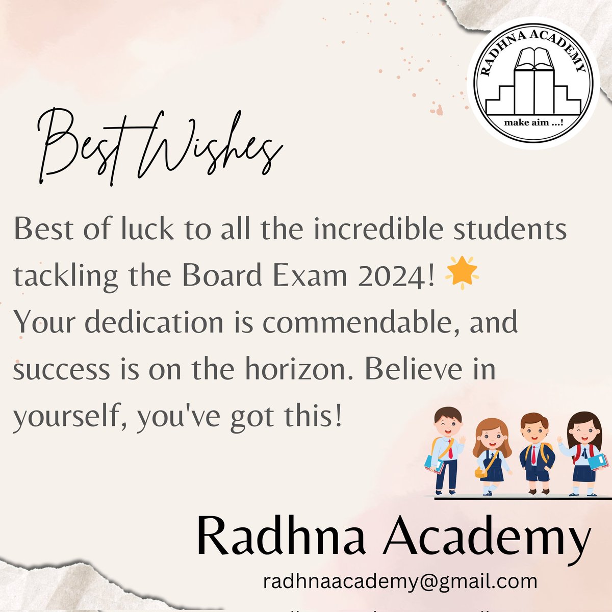 RadhnaAcademy's tweet photo. 📚 Best of luck to all the incredible students tackling the Board Exam 2024! 🌟 Your dedication is commendable, and success is on the horizon. Believe in yourself, you've got this! 💪🎓 #BoardExam2024 #GoodLuckStudents https://t.co/qfnlJzx37h