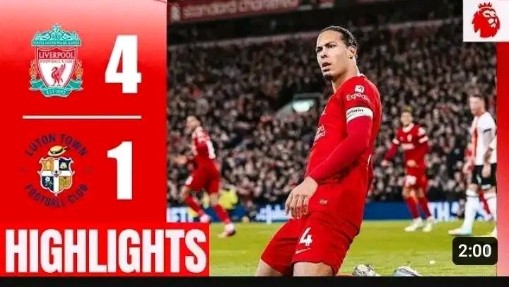 lomalonephtali's tweet photo. 🚨 Matchs Résultats : 
En Premier League hier soir, alors qu'ils étaient mené 0-1 en 12', les #Reds ont infligé une lourde défaite 4-1 à #Luton et s'accaparent la tête du championnat anglais avec 4 points d'écart avec le 2e, Man. City. https://t.co/jyCUrfoeky