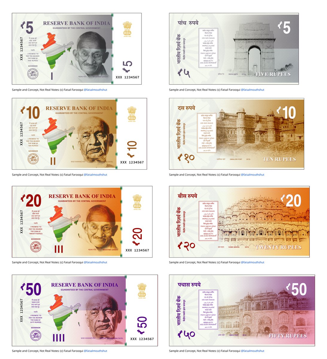 FAISALmouthshut's tweet photo. Time for new currency notes for India: I love good designs; they always captivate me, whether they're in public spaces or private domains. When demonetization happened, I saw it as an opportunity for our country to introduce new, well-designed currency notes. However, when the Rs. 2000 note was unveiled, I couldn't help but feel disappointed by its design and dimensions. So, I decided to put on my design cap.

In the weeks that followed, after my regular work hours, I embarked on a personal project: designing new currency notes for India. My goal was to present these designs to the Honorable Prime Minister Narendra Modi and the Reserve Bank of India. As a tech entrepreneur and design student at my core, I am deeply passionate about usability and clarity in everyday life.

Working with Mouthshut's in-house UI team, I poured this passion into crafting the currency design you see before you. I began by identifying the essential elements to represent on the new notes, with a keen focus on usability. After numerous brainstorming sessions, I concluded that the new design should feature clear fonts denoting the denomination, easily visible from a distance of at least 10 feet. Additionally, I felt strongly about incorporating the map of India into the design, as a way to ingrain our nation's geography into the minds of every Indian. After all, how many times does one come across the country's map in their lifetime? By featuring it on our currency, I hoped to achieve just that.

Next, I tackled the size. As someone who values seamless integration of design into daily life, I sampled the wallets and purses of 100 random individuals to ensure that the currency notes fit comfortably without creasing or sticking out.

In terms of themes, I decided to highlight our heritage by featuring prominent monuments. I selected iconic landmarks that would not only celebrate our cultural richness but also serve as a branding opportunity for tourists, both domestic and international.

Finally, I settled on colors and background themes that were self-explanatory. Each note boasts watermark and many security features, gradient and ample white space, ensuring visual appeal and user-friendliness. Note and font colors were carefully selected for visibility, even in rural India's low-light conditions.

Regarding the figures depicted on the notes, namely Gandhi and Sardar Patel, I opted to leave that decision to the government and the RBI. I simply showcased some alternatives for consideration.

I hope you enjoy my concept for the next generation of Indian currency notes, driven by my love for good usability and design in everyday life. It's important to note that this project was undertaken in Nov-Dec. 2016 @PMOIndia @narendramodi @RBI