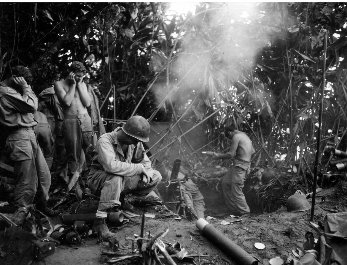 80 years ago today, Americans fire their heavy 81mm mortar at Japanese positions across the Tsinamutu River on Bougainville. 🪖
