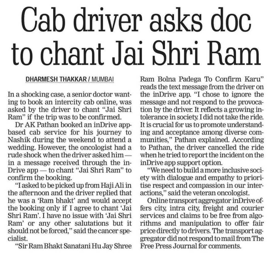 HateDetectors's tweet photo. Cab driver asked #Muslim doctor #AKPathan to chant '#JaiShriRam' if he wants the booking to be confirmed.
Pathan was going to #Nashik in #Maharashtra.
“Sir Ram Bhakt Sanatani Hu Jay Shree Ram Bolna Padega To - Confirm Karu” reads the text message from the driver on the InDrive app.