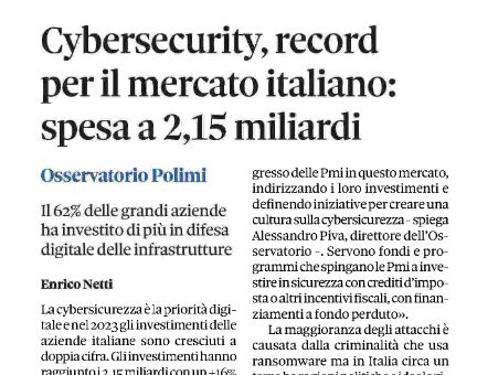 La priorità #digitale delle imprese 🇮🇹 🗞️ '#CyberSecurity record per il mercato italiano: spesa a 2,15 miliardi' via @sole24ore #PMI @polimi @Osserv_Digital @michelegentili @marcoagosti @Fede_Aguggini @aldoceccarelli @fondieuropei20 @jacopopaoletti