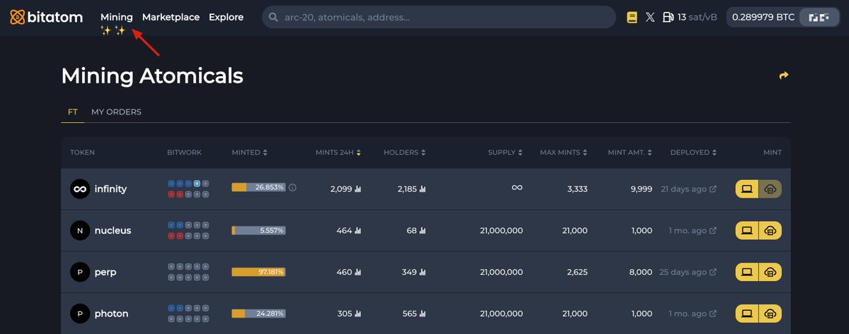bitatom_io's tweet image. 📢 ARC-20 Mining is officially live!

We&apos;re thrilled to announce that the mining feature is officially live! You can now mint ARC-20 tokens on Bitatom!

1. Mint directly in your browser, with a minting efficiency several times greater than the current CLI.
2. Mint up to 100 items…