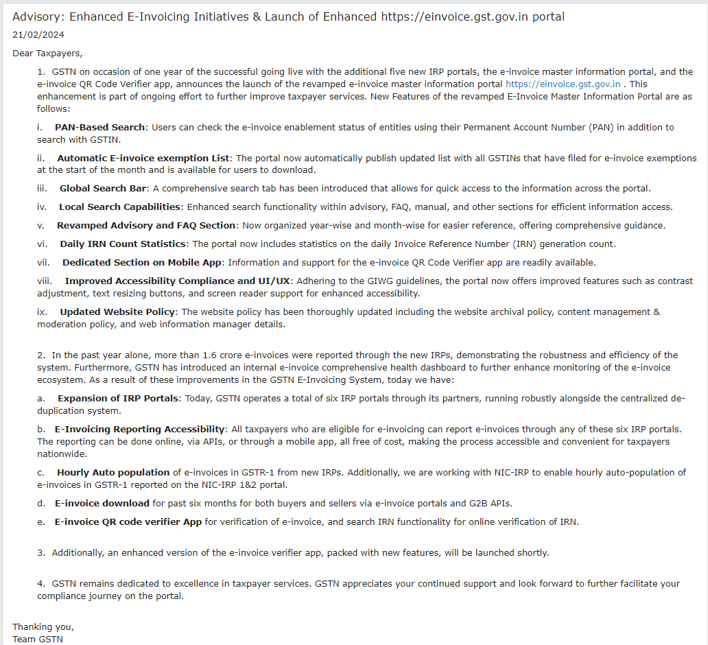 GSTN Advisory dated 21.02.2024 regarding Enhanced E-Invoicing Initiatives &amp; Launch of Enhanced einvoice.gst.gov.in portal.