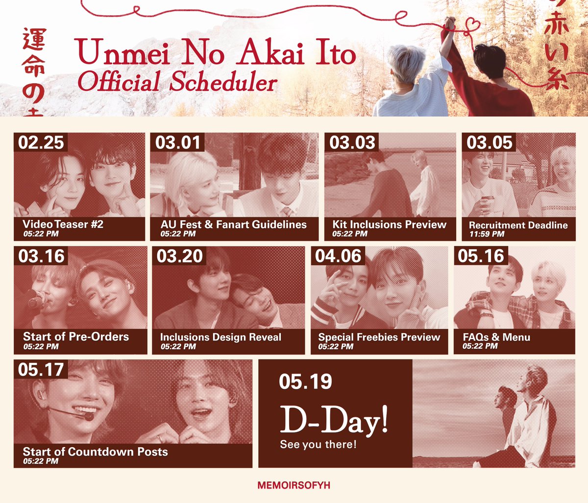 MemoirsOfYH's tweet photo. JHHJ Cupsleeve Event 'Unmei No Akai Ito’ Scheduler

Start of Pre Order
🍁2024.03.16 

Cupsleeve Event
🍂2024.05.19

DOP: 24 hours after the pre-order

See you there, Kismet🤎🧡

#UNMEI_JHHJ #정한 #조슈아 
#0522Day 
#shuhan_day https://t.co/MgsDn44r8c