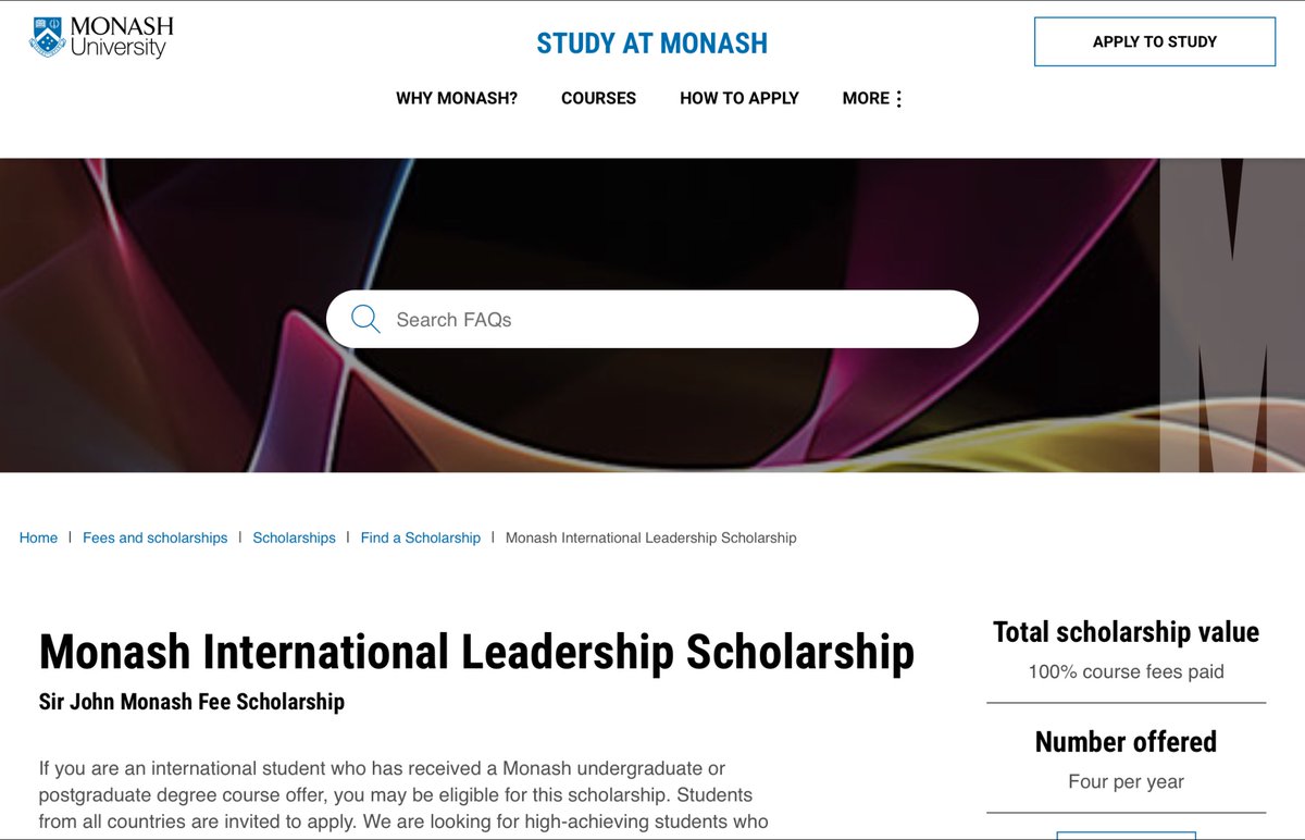 100% tuition fee + invitation to the leadership program for bachelors and masters students to Monash University, Australia Monash International Leadership Scholarship Deadline: March 15, 2024 Want to work with me? I guide you to apply for 3 scholarships. DM for terms