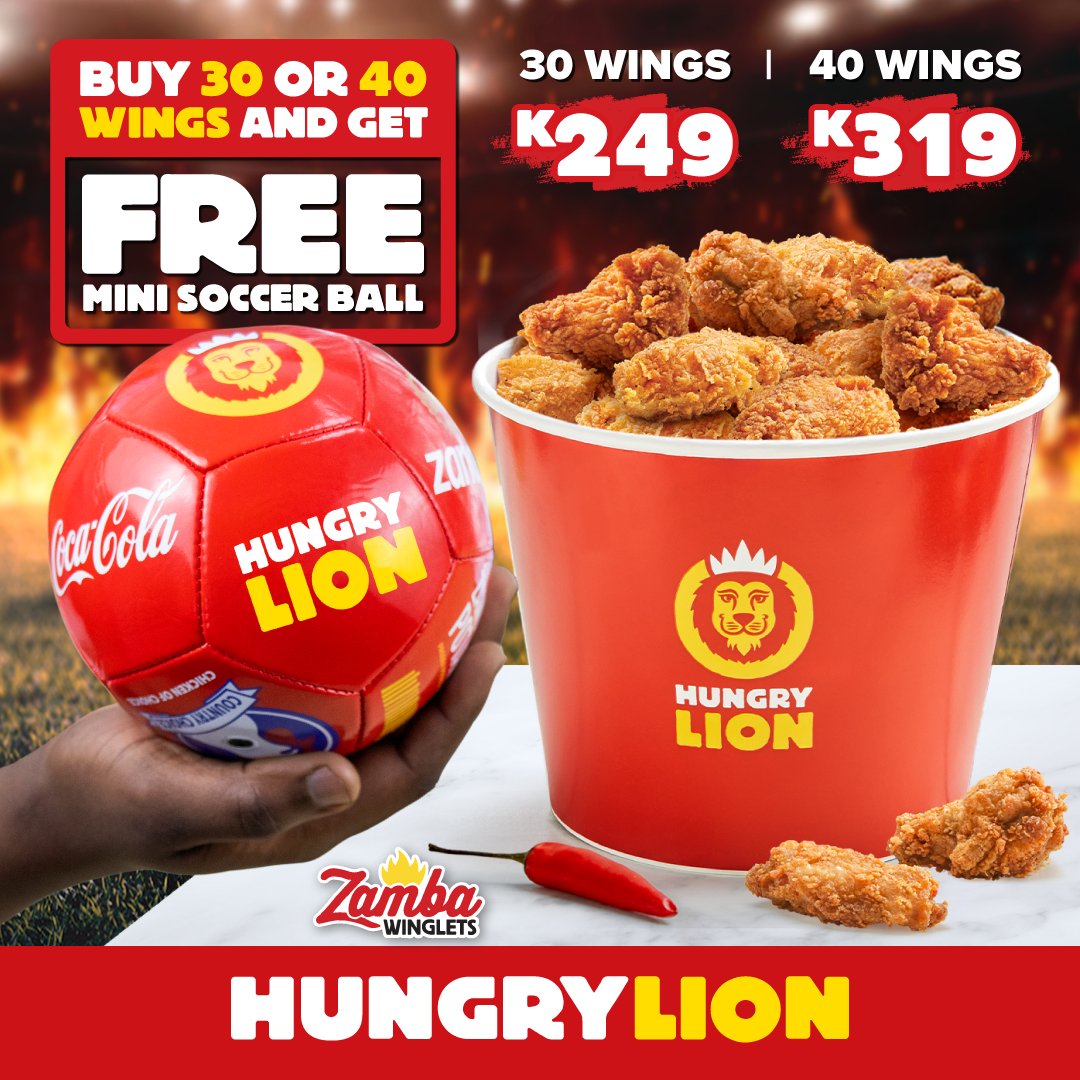 HungryLionZM's tweet photo. Get a FREE Hungry Lion Mini Soccer Ball! 🔥⚽️ 

Simply buy 30 or 40 WINGS.  Available everyday at ALL Stores 🥳 https://t.co/i0tvxNNgy2