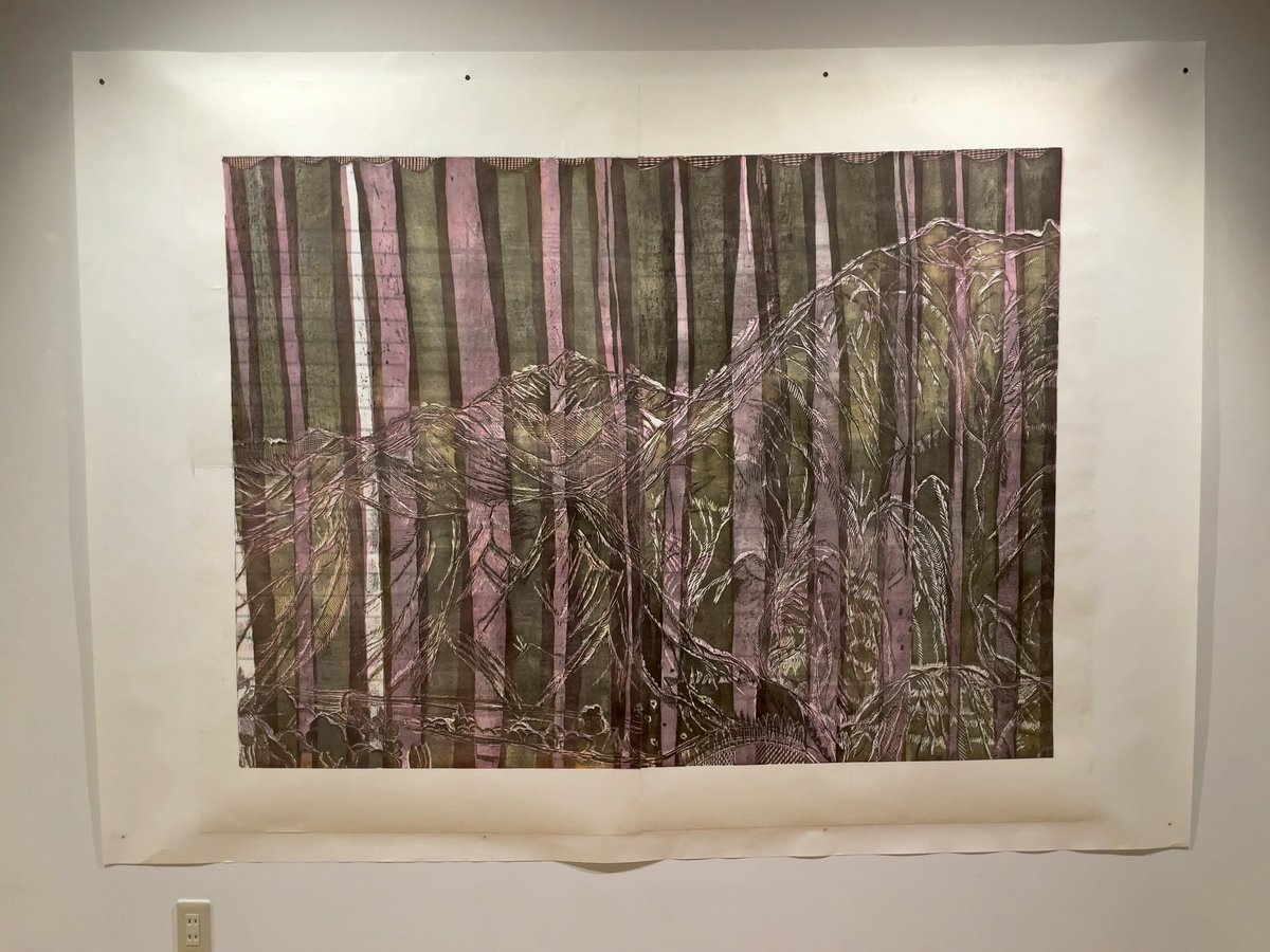 doroid758's tweet photo. 「石川丘子展  Yes, we are connecting, but...」
@清須市はるひ美術館
木版画＝平面という思い込みを打ち破ってくれる。
これ何層になっているんだろう。
カーテン越しに手前に植生があり、山ひだから稜線そして空へ。
きっちり分けられている訳ではなく、境界は曖昧に重なり合ってる。 https://t.co/AEWt5K7DcJ