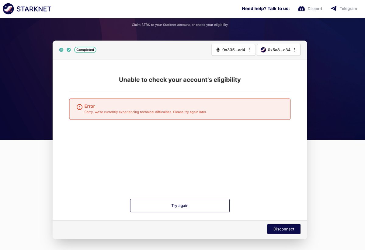 Bit_ares's tweet image. I cannot claim my $STRK airdrop. Can someone tell me how to fix it?

&quot;Sorry, we&apos;re currently experiencing technical difficulties. Please try again later.&quot;

#STARKNET #STARKNETAIRDROP @Starknet @StarknetFndn @starknet