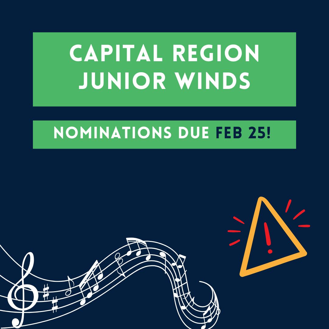 Nominations for the Capital Region Junior Winds Honour Band are only open for 4 more days!! Nominate talented students in grades 7-8 for the opportunity to participate in a fantastic honour band experience from April 17-19, 2024. Nominate here: buff.ly/49u85EU