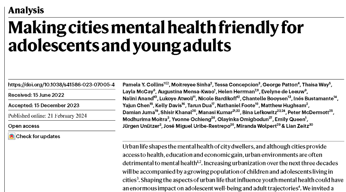 Delighted to to see our @Nature manuscript in print. We encourage cities to take multilevel & multisectoral, equity-focused and youth-engaged approaches to promoting, sustaining, and caring for young people's #mentalhealth. @evelynedeleeuw #urbanhealth #healthequity #adolescents