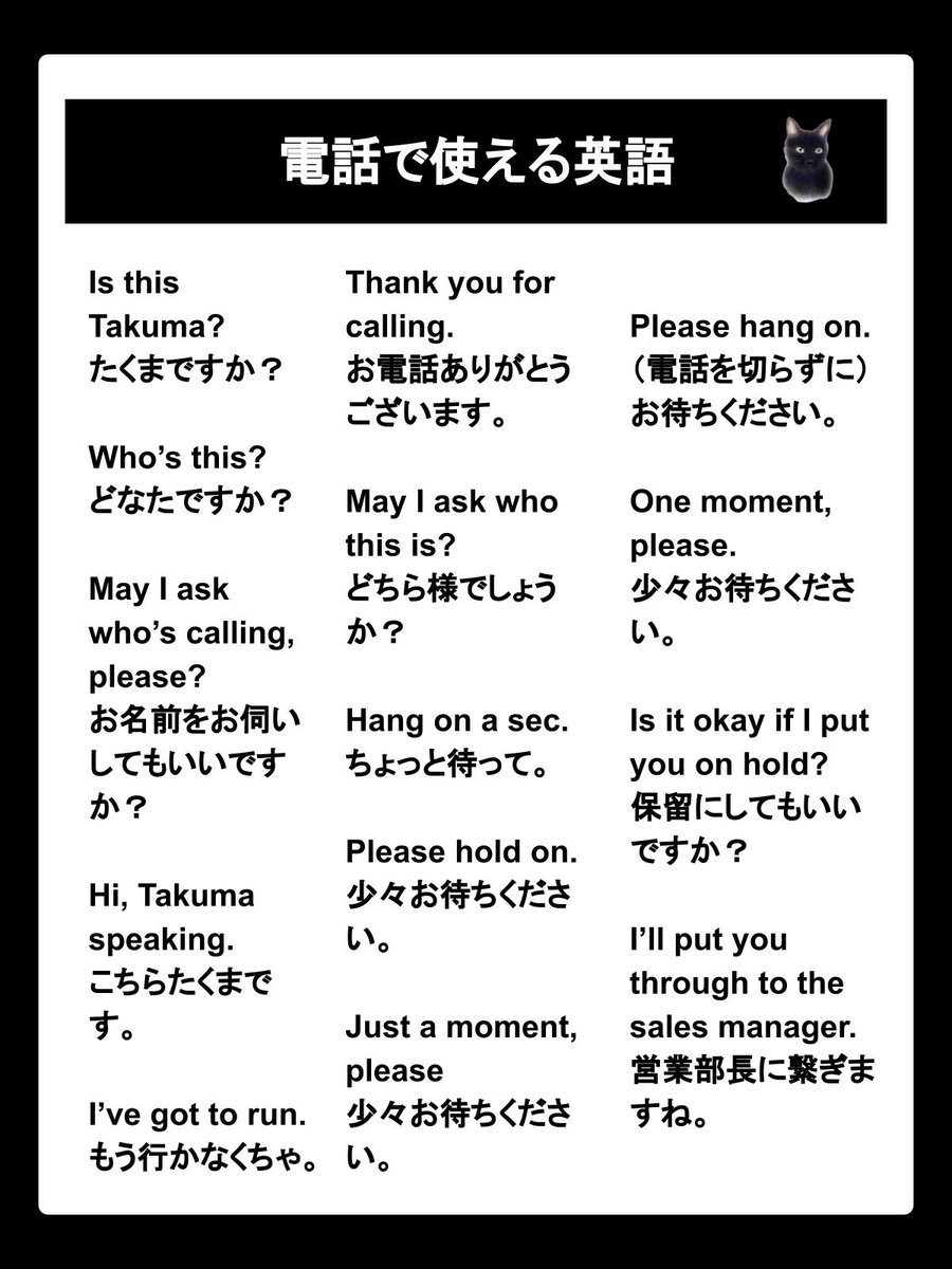 cat_venice's tweet photo. 電話で使える英語 🐈 https://t.co/saMbP6TCXm