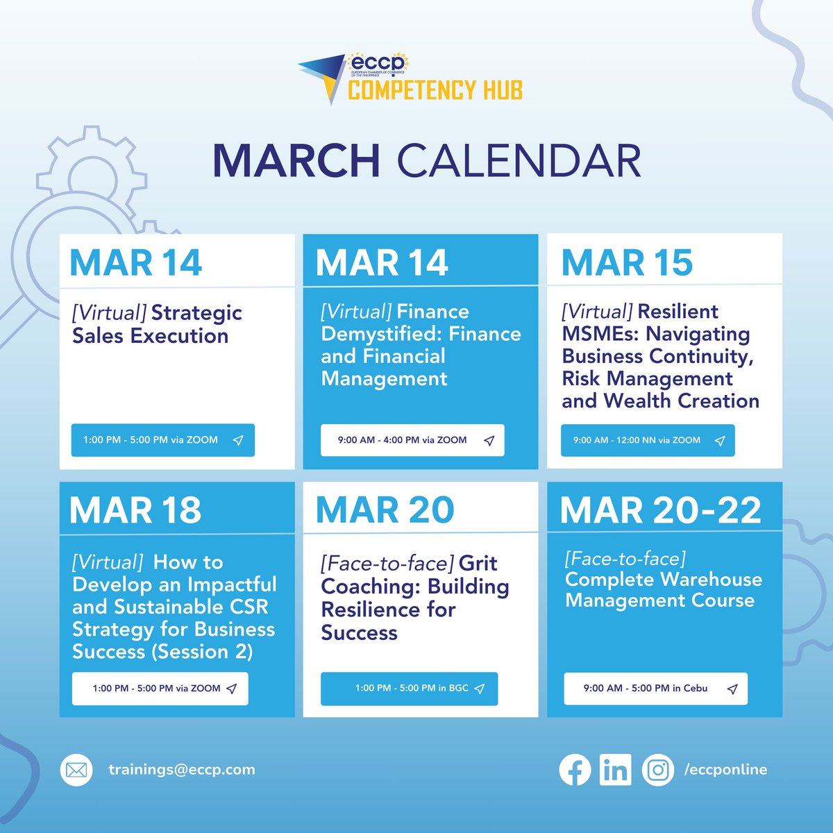 Our March lineup is designed to provide companies with the extra boost they need to keep their employees motivated and ready to achieve their quarterly work and career goals!

#ECCPCompetencyHub
#BrighterPossibilities
#TrainingsPH #Upskill #Workshops