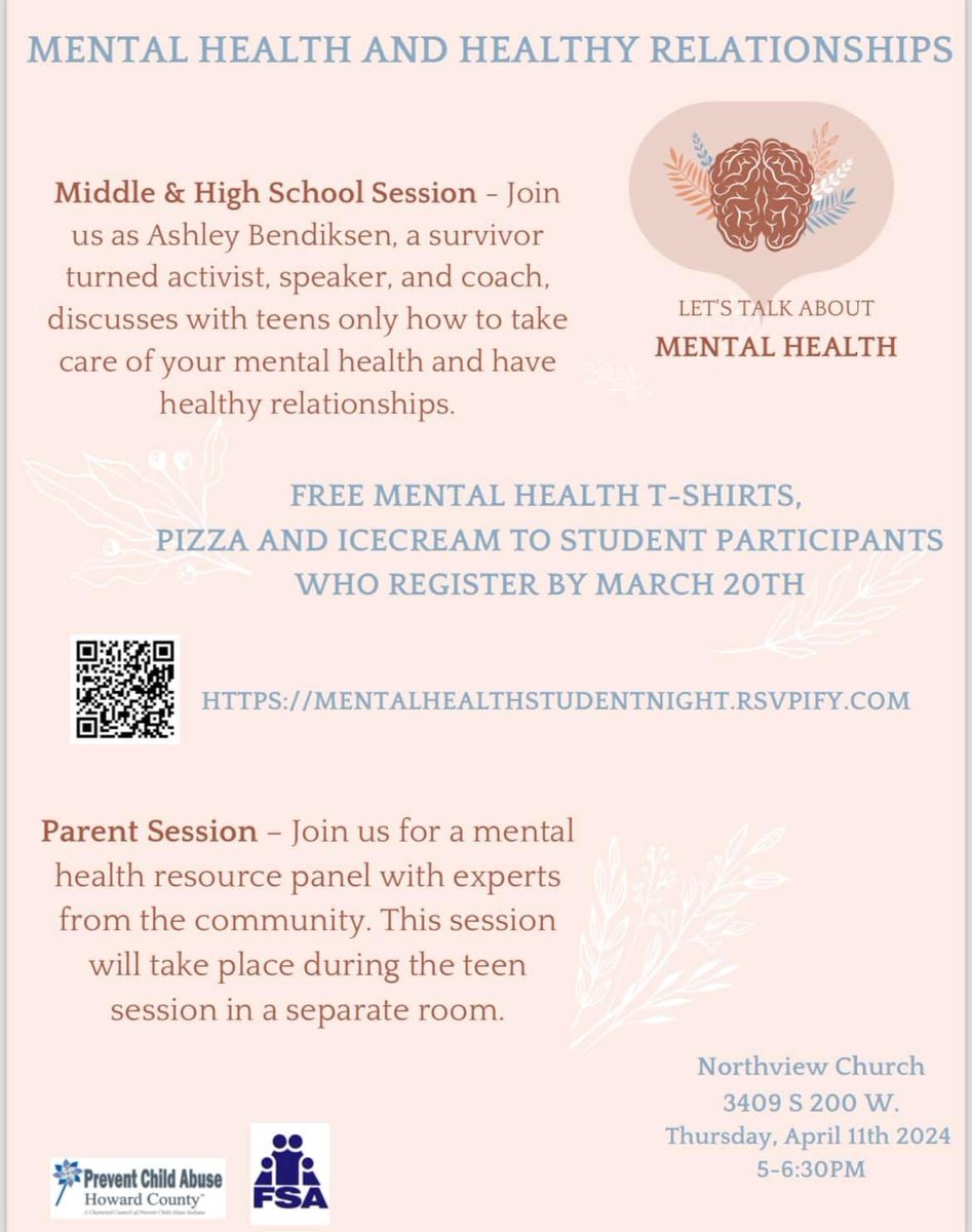 Mental health learning opportunity for middle schoolers. See info in picture to register.
