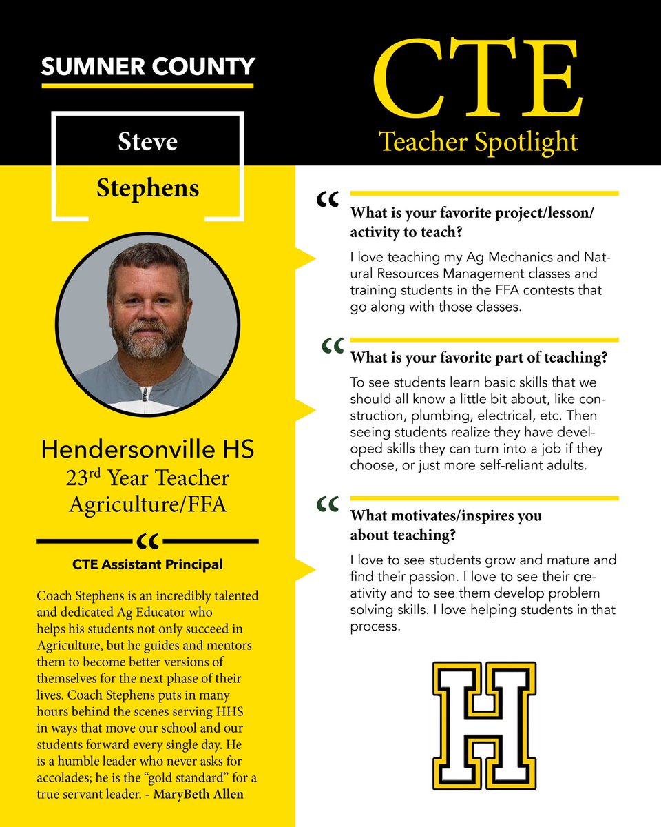 Excited to put the spotlight on Mr. Stephens today, a 23rd year Ag teacher at Hendersonville HS. #CTEMonth #SumnerCTE