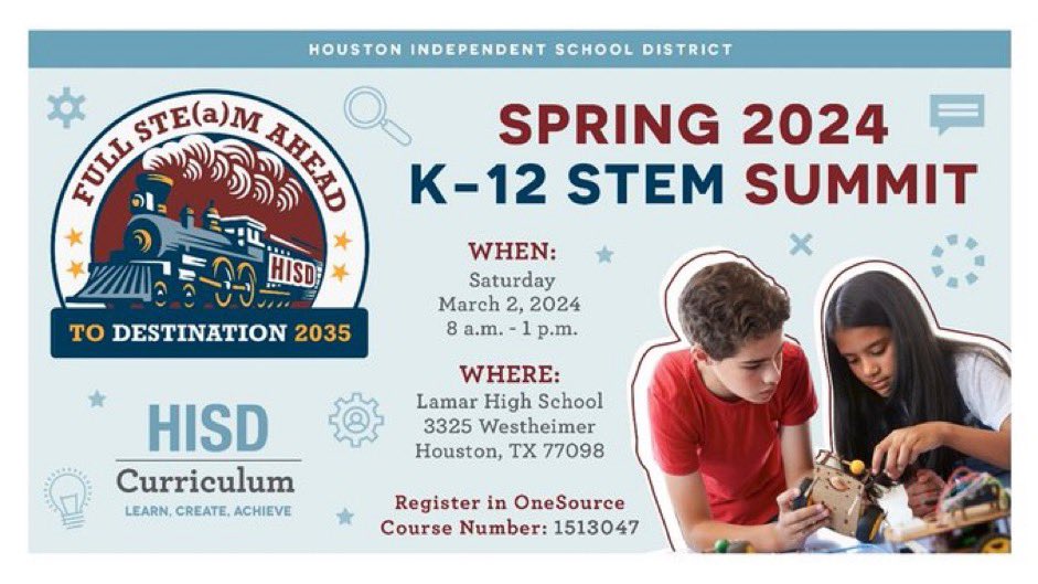 📣 Calling all @TeamHISD Math & Science Teachers!!! ▪︎ WHAT: 𝗦𝗧𝗘𝗮𝗠 𝗖𝗼𝗻𝗳𝗲𝗿𝗲𝗻𝗰𝗲 ▪︎ WHEN: 𝗦𝗮𝘁𝘂𝗿𝗱𝗮𝘆, 𝗠𝗮𝗿𝗰𝗵 𝟮𝗻𝗱 ▪︎ WHERE: 𝗟𝗮𝗺𝗮𝗿 𝗛𝗶𝗴𝗵 𝗦𝗰𝗵𝗼𝗼𝗹 Register Today via OneSource, Don't Miss Out!!!