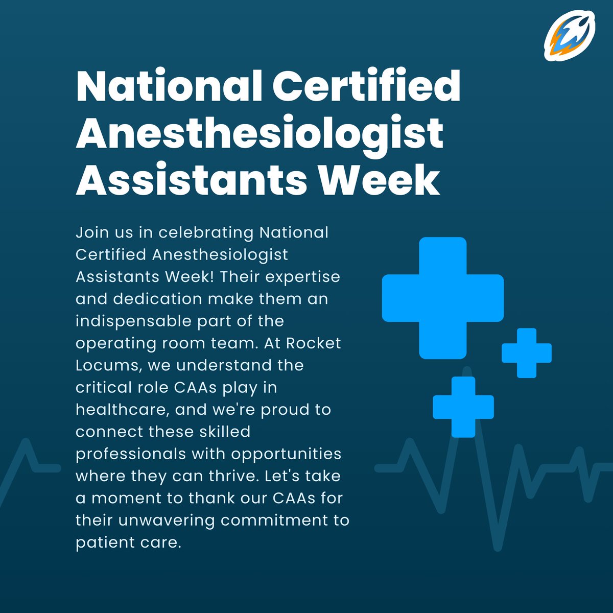 RocketLocums's tweet photo. Celebrating the unsung heroes of the OR! 🏥�� This National Certified Anesthesiologist Assistants Week, we salute the dedication and expertise of CAAs everywhere. Your role is crucial, and we're honored to support you. 

#HealthcareStaffing #AnesthesiologistAssistantsWeek #CAAW https://t.co/gyyO7YGMvW