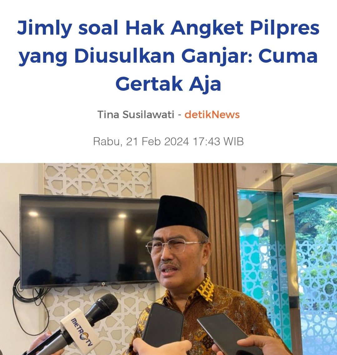 Pak Jimly dengan lugas bilang ancaman Ganjar dan Anies soal rencana hak angket dan interpelasi terkait Pemilu itu cuma gertakan yang tidak akan bisa dijalankan. Duh, jujur sekali Bapak ini.
.