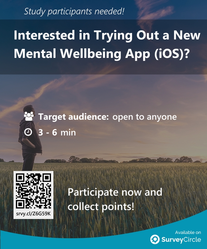 top_studies's tweet image. Participants needed for top-ranked study on SurveyCircle:

&quot;Interested in Trying Out a New Mental Wellbeing App (iOS)?&quot; surveycircle.com/Z6G59K/ via @SurveyCircle

#MentalWellbeing #ConceptTesting #ScreeningSurvey #interview #survey #surveycircle
