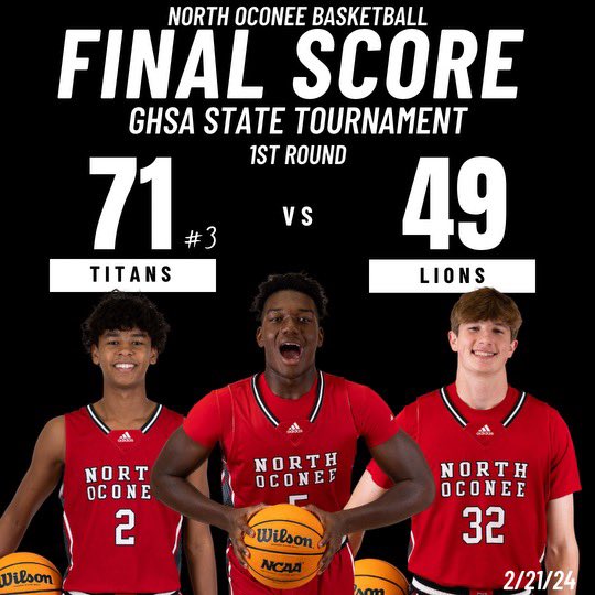 #3 North Oconee advances to the State Sweet 16! @EvanCMontgomery Career high 17p 14r 3b @justin_wise2 19p 3r 2a 2b @ByrdCarter0 13p 3s 3a 3r @JustinPayne2024 12p 4a 3r 2s @Brooks4K 8p 5r 4a Titans host Central, Carrollton on Saturday at 6:00 pm in Sweet 16!