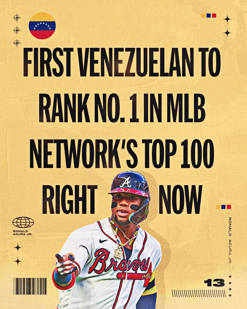 MLB's tweet photo. Since 2012, @MLBNetwork has compiled 13 #Top100RightNow lists.

@RonaldAcunajr24 is the first Venezuelan-born player to take the top spot! 🇻🇪 https://t.co/EQwZvK3PAt