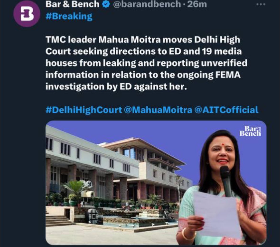 sainidan_ratnu's tweet photo. #EXCLUSIVE_REPORT
निष्कासित सांसद महुआ मोइत्रा ने EDऔर 19 MSM को फेमा आरोपों से संबंधित समाचार प्रकाशित करने से रोकने के आदेश की मांग करते हुए HC का रुख किया!
याचिका पर कल सुनवाई होने की संभावना है और अंतरिम आदेश मिल सकता है।
ऐसी क्या असहजता है जिसे पूर्व सांसद छिपाना चाहते हैं? https://t.co/eWZ2tphgx7