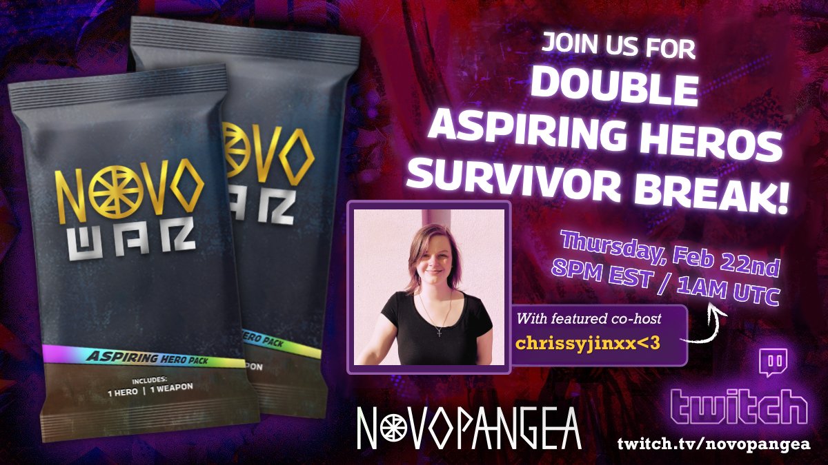 Novopangeaio's tweet image. Join us tomorrow night for ANOTHER Epic Survivor Break with our Featured Co-host chrissyjinxx&amp;lt;3!

We're crackin' Aspiring Hero Packs and you can join too! Check out our available Pack Breaks at shop.novopangea.io to join!

#packbreak #livestream #twitch #web3