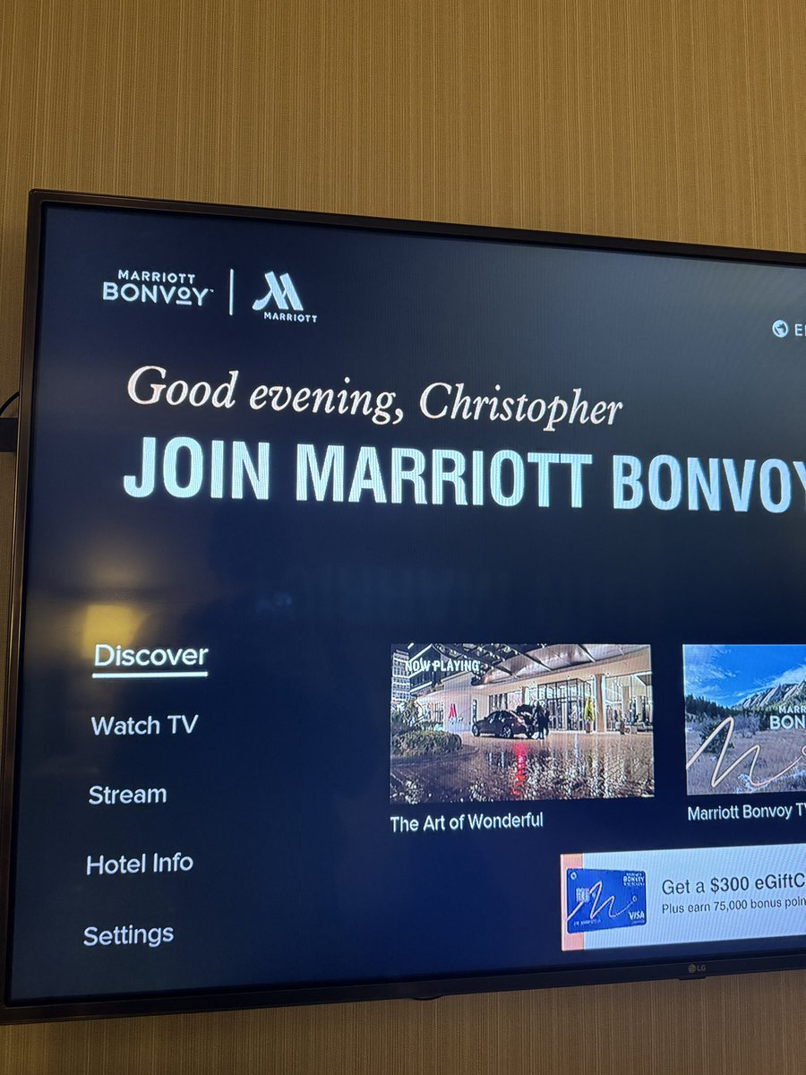 joeyk329's tweet photo. This my 4th night at this @Marriott and this is just two of the three different names I’ve seen on my room TV. These are not my name. https://t.co/mIKz23rnTt
