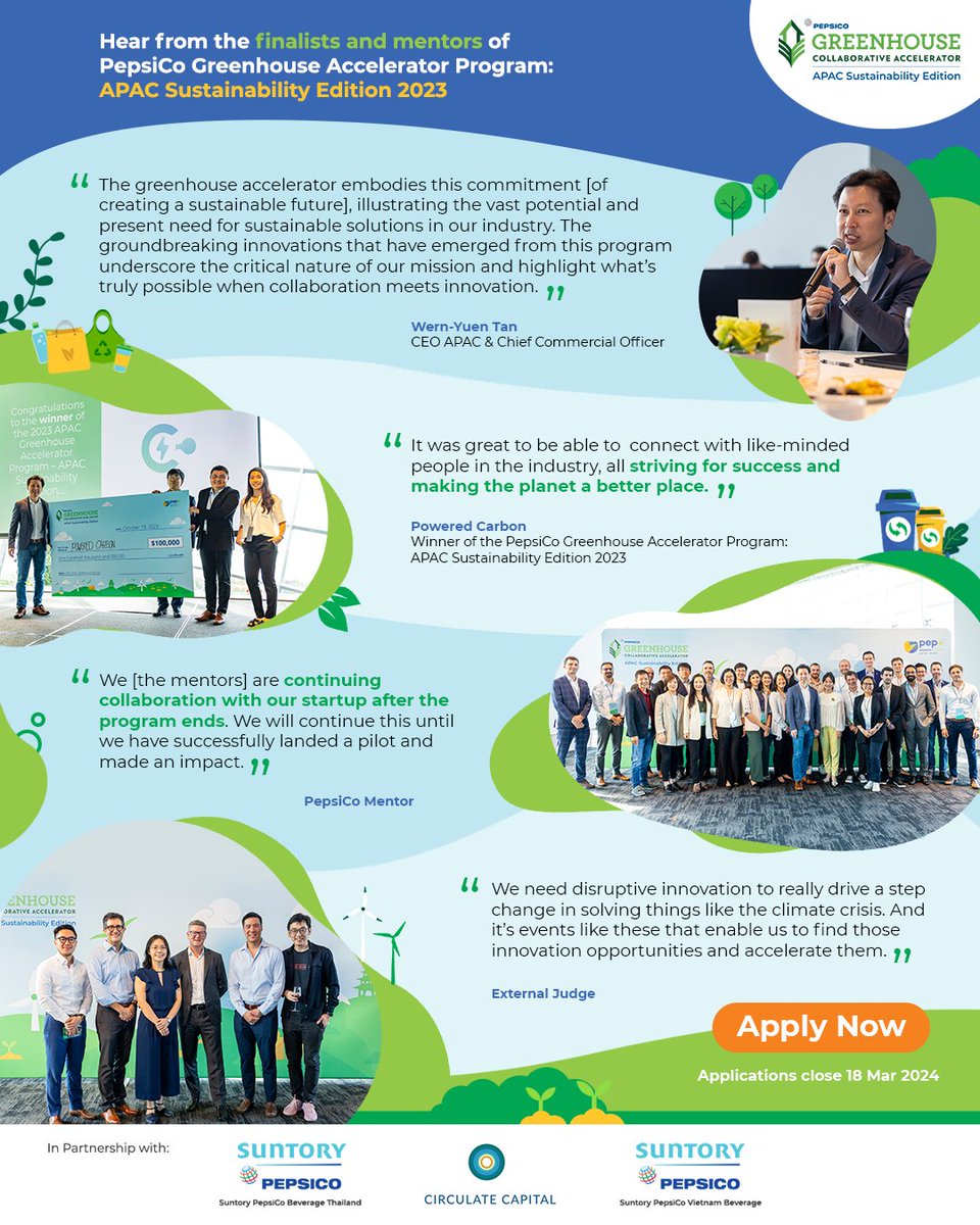 🎉Last year’s  PepsiCo Greenhouse Accelerator: APAC Sustainability Edition 2023 was a hit! Now, as gear up for 2024, hear success stories directly from PepsiCo’s CEO, mentors, judges, and the 2023 winner. Apply now and pave your path to success!

#PepsiCoGHAC2024