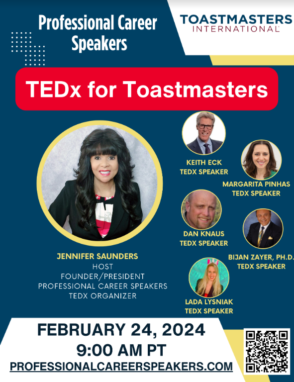 KrisPoolDTM's tweet image. Have you ever thought of becoming a TEDx speaker? How do you sign up? How much practice and preparation is needed?

Be our guest Feb. 24, 9-10:30am Pacific (US/Canada). 

Zoom link available on our club website: …lcareerspeakers.toastmastersclubs.org