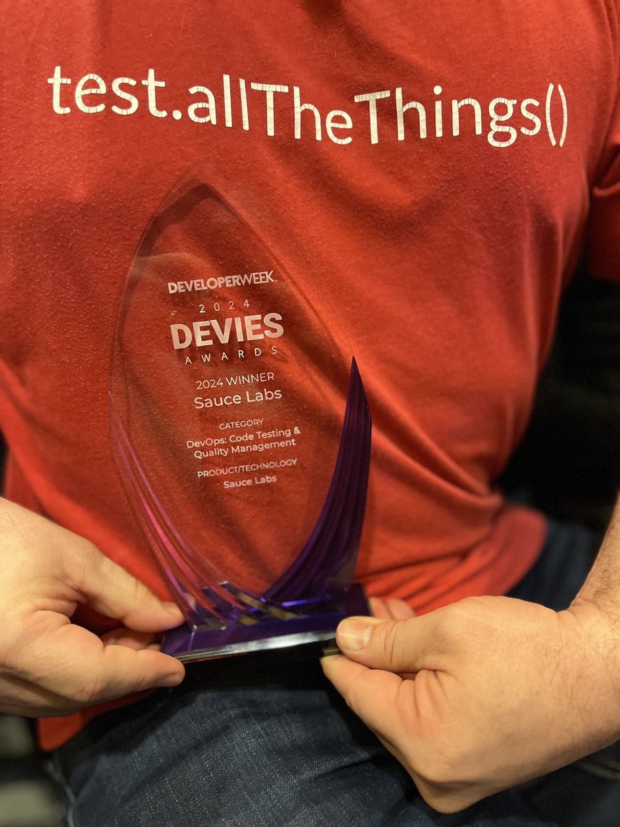JasonEBaum1's tweet image. So awesome 😎 Sauce takes home the DEVIE for the “DevOps: Code Testing &amp;amp; Quality Management” category at Developer Week! #devies #developerweek @titusfortner
