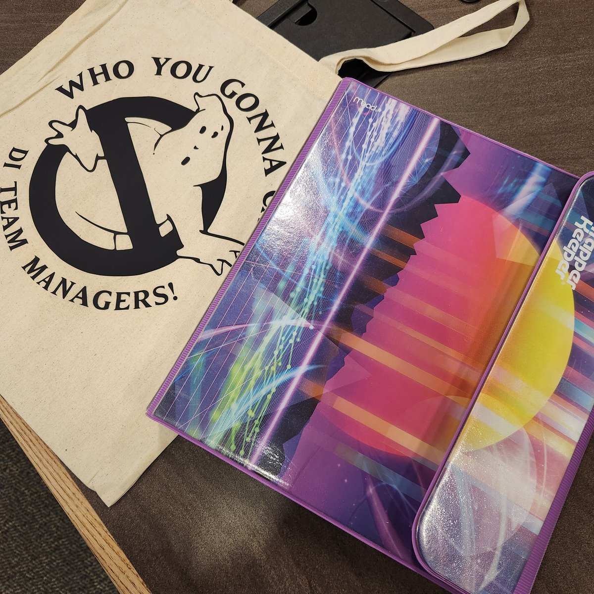 akbusybee's tweet photo. All my paperwork is printed for this weekends @MidCitiesCreate Regional Tournament. Madden and I are going 80's.. so of course I had to get a trapper keepers to hold all of our paperwork..and I made a bag. Who you gonna call?? DI Team Managers! @IDODI @WeAreTexasDI #iamdi https://t.co/kAUx9spCIv