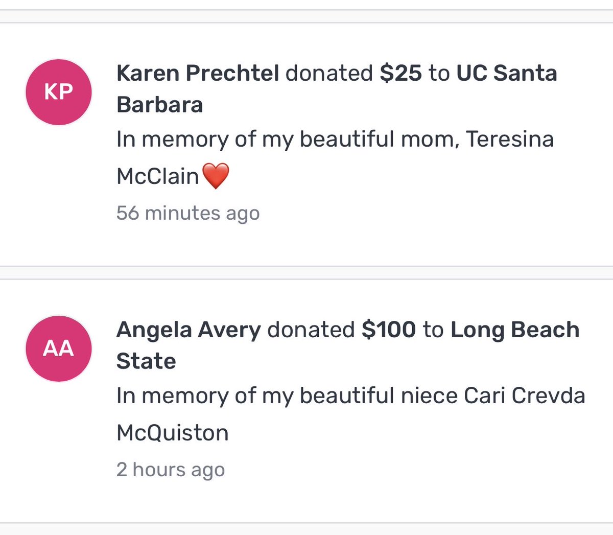I love that Big West fans, family & friends are contributing In Memory Of. What a wonderful way to honor & remember. This is why we raise money and won’t stop. 🙏🏼🩷. Thank you Angela & Karen for your kindness and treasure. You’re making an impact. ⁦@BigWestSports⁩.