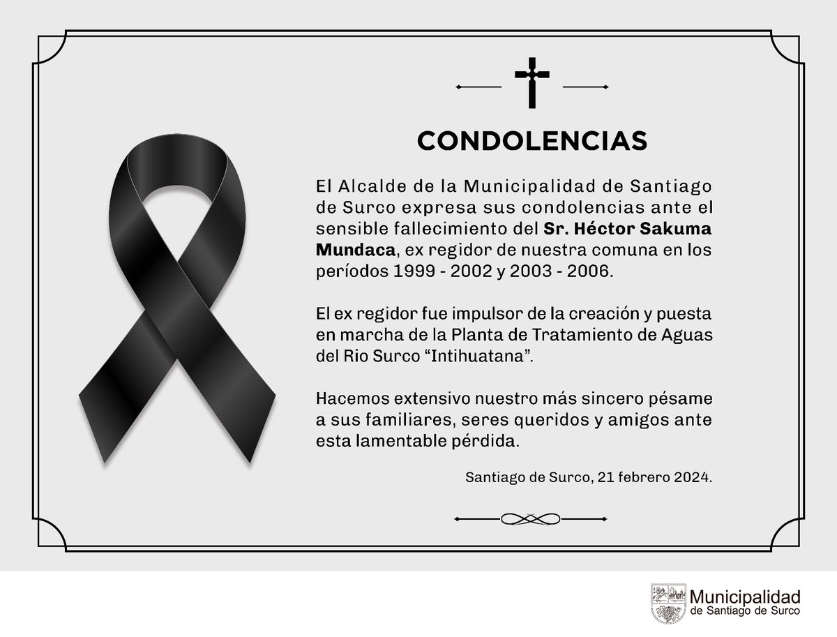 munisurco1's tweet photo. La Municipalidad de Santiago de Surco extiende sus condolencias por el sensible fallecimiento del exregidor, Héctor Sakuma Mundaca. https://t.co/NVFdhiLi7j