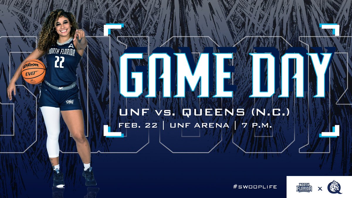 🏀 GAME DAY 🆚 Queens (N.C.) 📍 UNF Arena ⌚️ 7 p.m. 📊 bit.ly/unfWBBstats 💻 bit.ly/3uEhVEV 🎟️ bit.ly/47GK0tQ #SWOOP