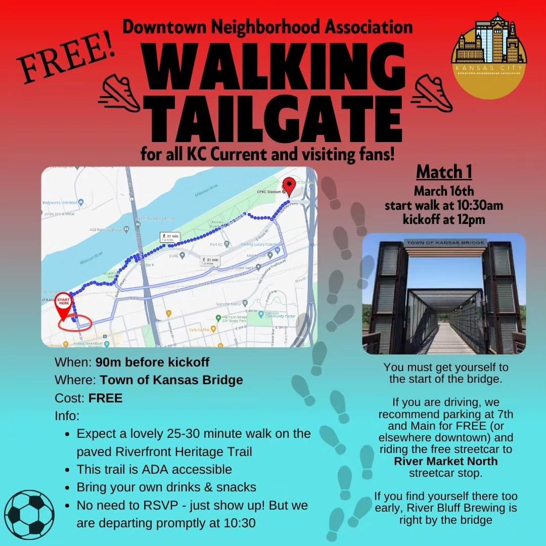 KC Downtown Neighborhood Association (@dnakcmo) on Twitter photo For anyone looking for a FREE way to get to <a href="/thekccurrent/">KC Current</a> games, you are invited to join the DNA walking tailgate! All are welcome. We will begin at the Town of Kansas Bridge and walk the lovely Riverfront Heritage Trail <a href="/kcrivertrails/">Riverfront Heritage Trail</a> to <a href="/cpkcstadium/">CPKC Stadium</a> . For anyone looking for a FREE way to get to <a href="/thekccurrent/">KC Current</a> games, you are invited to join the DNA walking tailgate! All are welcome. We will begin at the Town of Kansas Bridge and walk the lovely Riverfront Heritage Trail <a href="/kcrivertrails/">Riverfront Heritage Trail</a> to <a href="/cpkcstadium/">CPKC Stadium</a> .