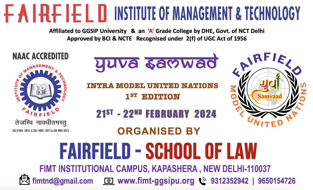 FIMTDELHI's tweet photo. JOIN US TODAY AT VALEDICTORY CEREMONY!
Engage with our esteemed Executive Board Members, Student Secretariat Members, and Faculty Members for an enriching experience!
#YuvaSamvaad #ModelUN #FIMTSchoolOfLaw https://t.co/qBZQiRPiuq