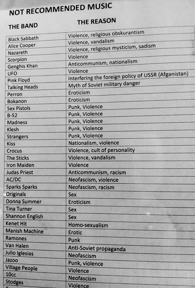 PunkRockStory's tweet photo. Bands banned in the USSR in 1985, including some punk rock bands.

Hardcore doesn't seem to have arrived there yet 😄

#punk #punks #punkrock #hardcorepunk #history #punkrockhistory https://t.co/DbV2Km2E9b