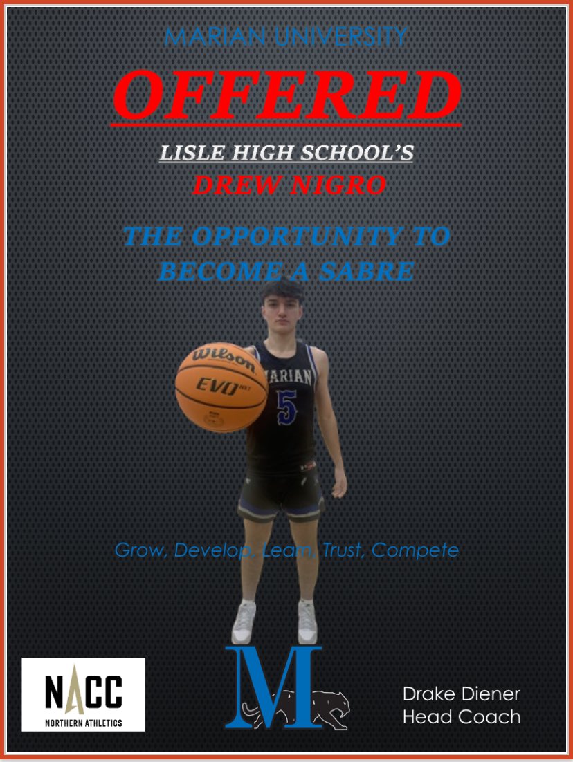 Drew Nigro (@dnigro2024) on Twitter photo Extremely blessed to receive an offer from Marian University (WI). Thank you Coach Diener and Coach Jones for believing in me.
<a href="/DrDiener16/">Drake Diener</a> <a href="/MarianUHoops/">Marian Men’s Basketball</a> <a href="/LisleHSHoops/">Lisle High School Hoops</a> <a href="/CoachAWeb/">Andrew Weber</a> <a href="/HardwoodPrepsIL/">Hardwood Preps Illinois</a> Extremely blessed to receive an offer from Marian University (WI). Thank you Coach Diener and Coach Jones for believing in me.
<a href="/DrDiener16/">Drake Diener</a> <a href="/MarianUHoops/">Marian Men’s Basketball</a> <a href="/LisleHSHoops/">Lisle High School Hoops</a> <a href="/CoachAWeb/">Andrew Weber</a> <a href="/HardwoodPrepsIL/">Hardwood Preps Illinois</a>