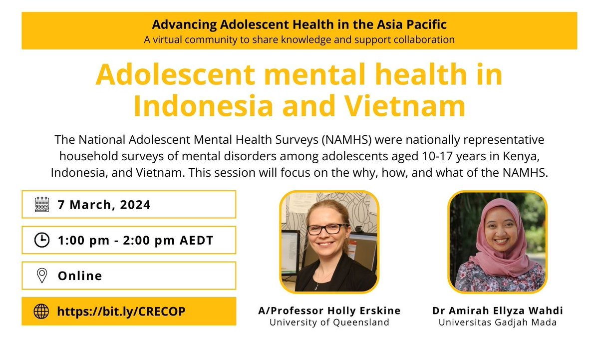 David Lawrence (@profdavidl) on Twitter photo The next session in the Advancing Adolescent Health in the Asia Pacific seminar series will be presented by A/Prof Holly Erskine & Dr Amirah Wahdi, discussing the National Adolescent Mental Health Surveys.
Register here 🔗 bit.ly/CRECOP <a href="/CforAH/">Centre for Adolescent Health (CAH)</a> <a href="/AmirahWahdi/">Amirah Wahdi</a> The next session in the Advancing Adolescent Health in the Asia Pacific seminar series will be presented by A/Prof Holly Erskine & Dr Amirah Wahdi, discussing the National Adolescent Mental Health Surveys.
Register here 🔗 bit.ly/CRECOP <a href="/CforAH/">Centre for Adolescent Health (CAH)</a> <a href="/AmirahWahdi/">Amirah Wahdi</a>