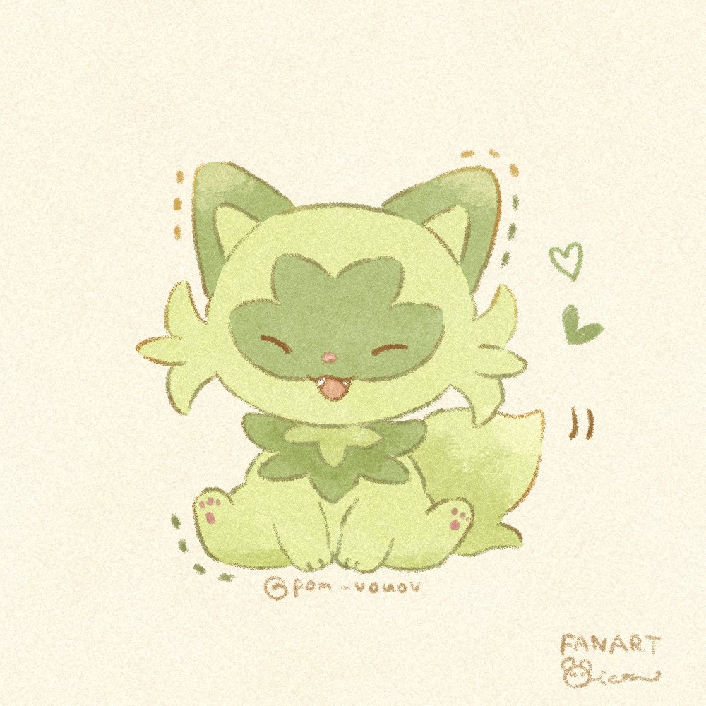 sprigatito no humans pokemon (creature) closed eyes solo heart open mouth smile  illustration images