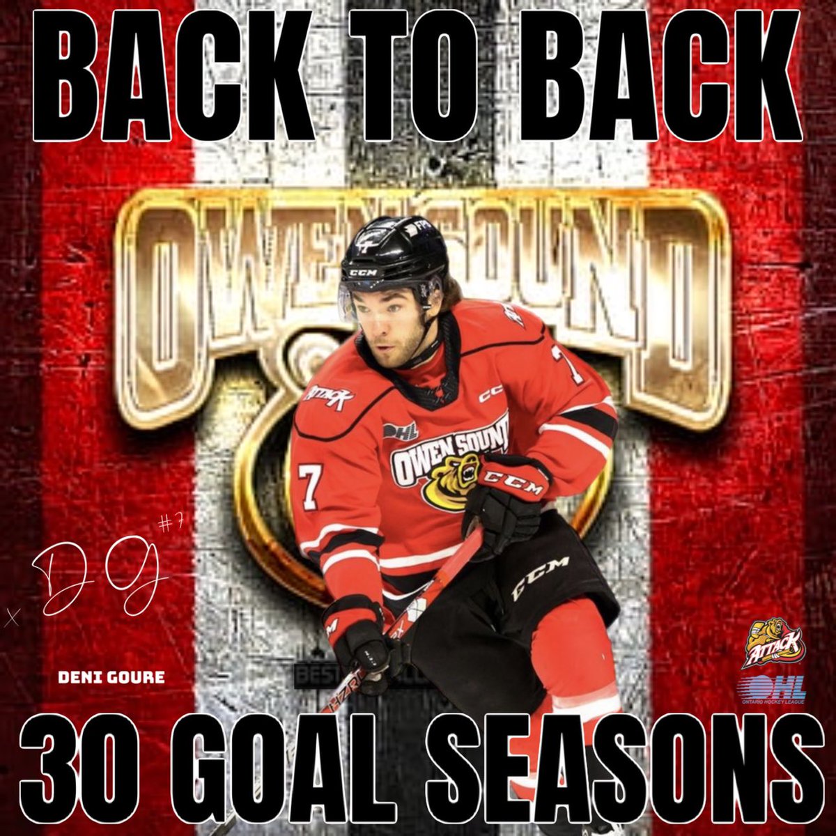 Back to back 30 goal seasons for the (03) Forward, Deni Goure. 🚨

Incredible accomplishment. 
Congratulations Deni, keep it up. 

<a href="/AttackOHL/">Owen Sound Attack</a>
