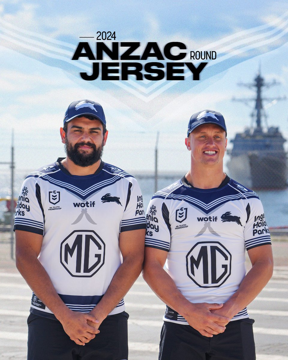 SSFCRABBITOHS's tweet image. Rabbitohs are thrilled to reveal the 2024 ANZAC Round jersey whilst aboard the USS Canberra, during our visit to the USA. We are proud of our ongoing partnership with the Royal Australian Navy, signified by this special jersey inspired by their Ceremonial Uniform @Australian_Navy