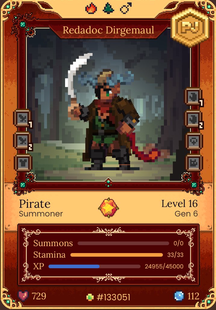 Stopped by that tavern and found a PJ hero that had been loved from birth. I couldn’t resist and had to buy him. Welcome to the family Mr Dirgemaul. 

<a href="/DeFiKingdoms/">DeFi Kingdoms 🔺🌿</a> #jewel #dfk #bullish #crystalvale