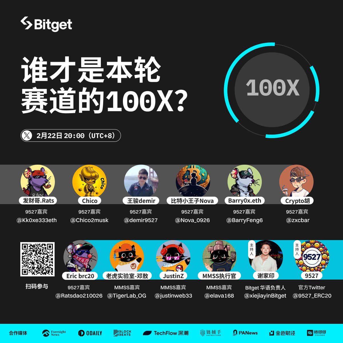 🔥谁才是本轮赛道的100X？ 
#Bitget AMA带您了解👉
⏰2月22日 20:00（UTC+8）
🎙️主持人：<a href="/xiejiayinBitget/">谢家印</a> <a href="/9527_ERC20/">9527_ETH</a>
🧑‍🏫嘉宾：<a href="/Kk0xe333eth/">发财哥🌝</a> <a href="/Chico2musk/">Chico</a> <a href="/demir9527/">Demir@C Labs</a> <a href="/Nova_0926/">比特小王子 币圈纪检委</a> <a href="/BarryFeng6/">Barry0x.eth 🤡</a> @zxcbar @Ratsdao210026  <a href="/TigerLab_OG/">虎哥|蓝鸟会🕊|</a> <a href="/justinweb33/">JZ</a> <a href="/elava168/">Rui</a> 
🥳参与Space，瓜分2亿 9527 Token‼️🎉