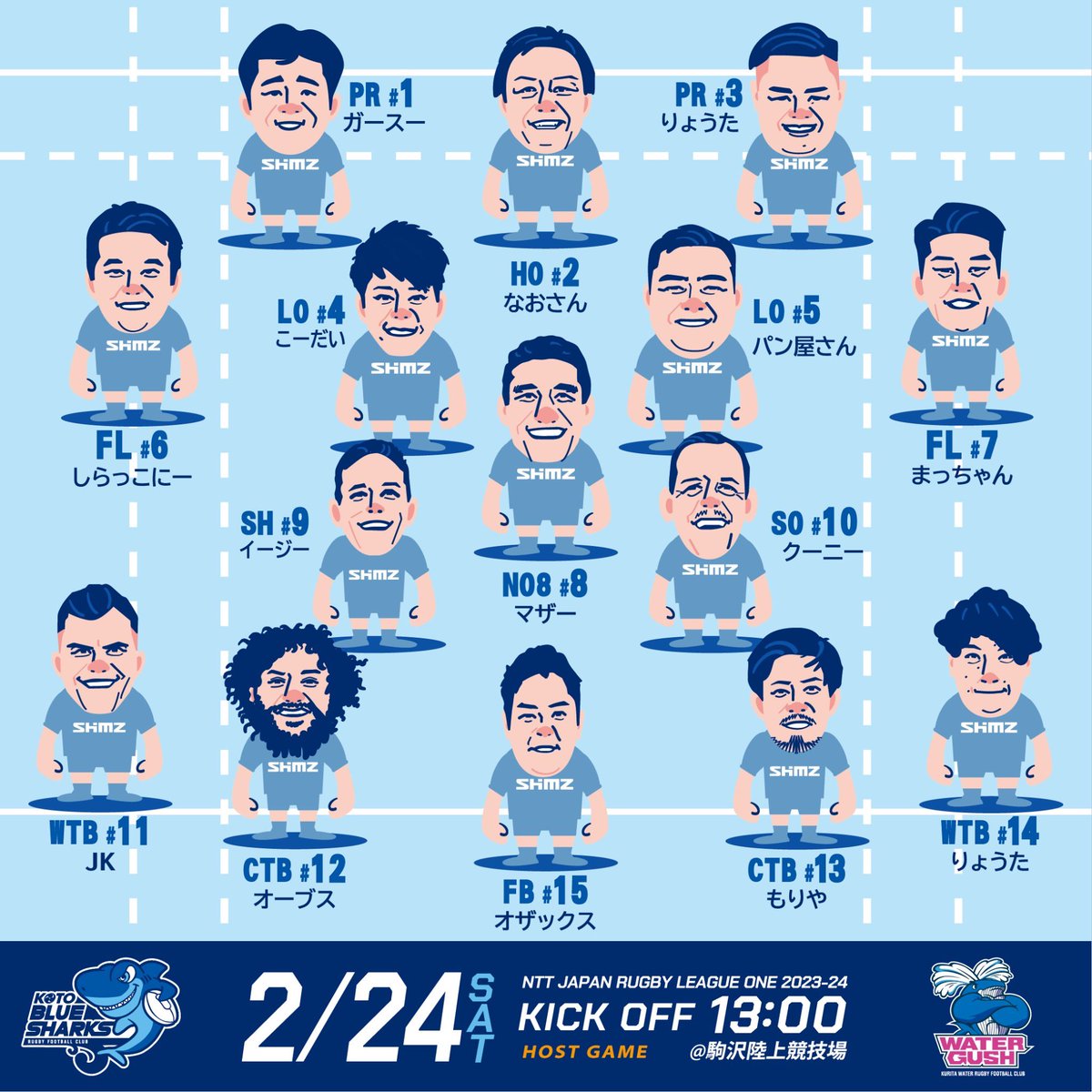 Bluesharks_2020's tweet photo. 【メンバー発表📣】
NTT JAPAN RUGBY LEAGUE ONE 2023-24
第7節クリタウォーターガッシュ昭島戦のメンバーを発表いたします！
似顔絵&amp;ニックネームverも🦈

🗓️2/24（土）13:00KO
🏟️駒沢陸上競技場
🆚クリタウォーターガッシュ昭島

#清水建設江東ブルーシャークス
#サラガーマンの挑戦
#駒沢決戦 https://t.co/2jdAp0FpUK