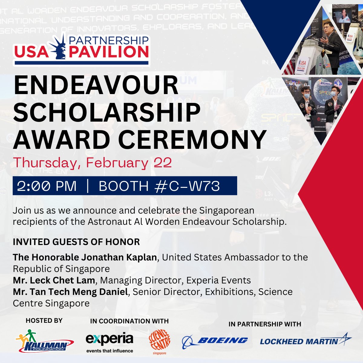 Join us as we announce and celebrate the Singaporean recipients of the Astronaut Al Worden Endeavour Scholarship. This year’s winners are “Mission Team #18, Singapore” and will attend U.S. Space and Rocket Center’s Space Camp in July 2024. All events: kallman.com/event/singapor…